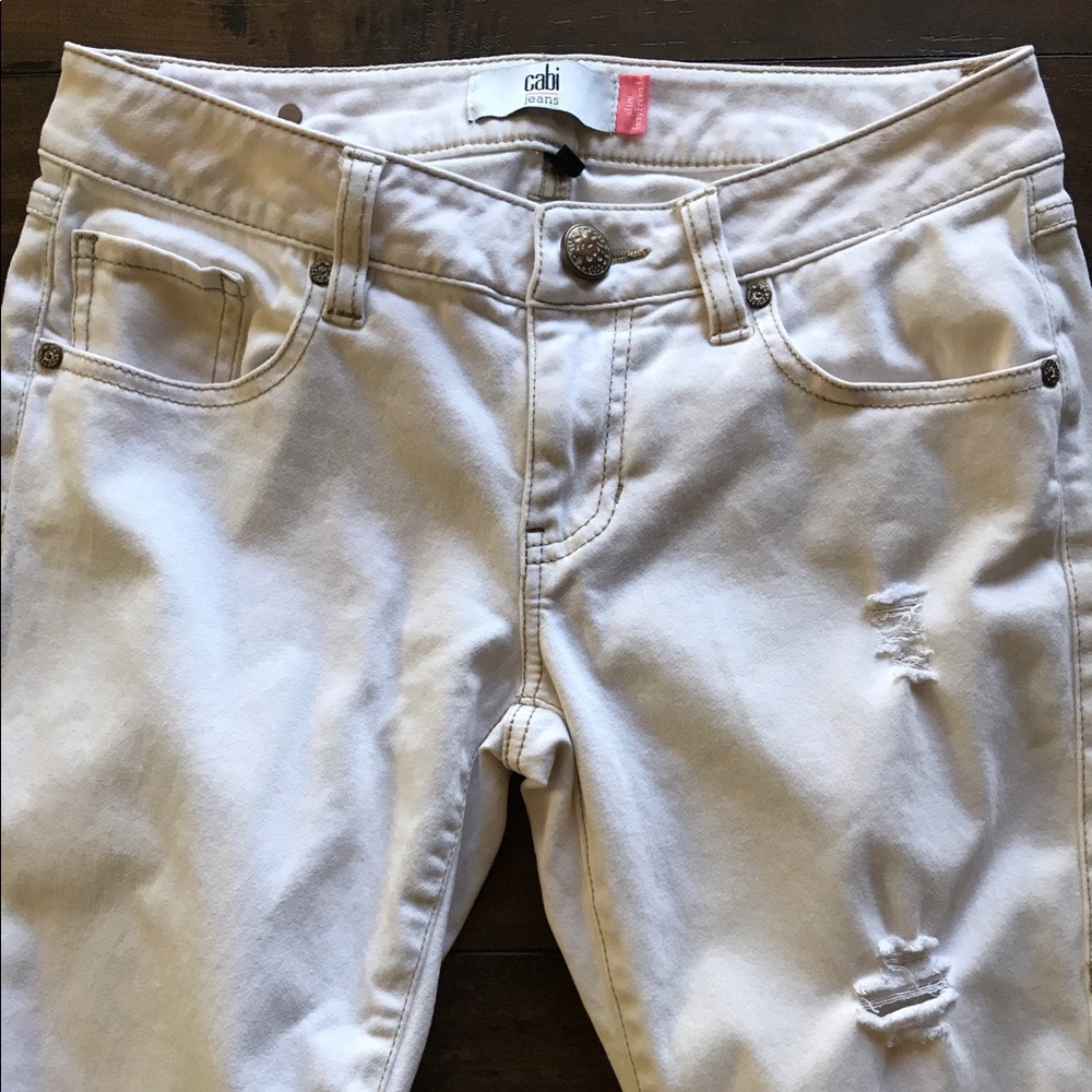 CAbi Beige Denim Distressed Slim Boyfriend Jeans